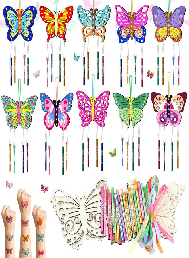 TREACLUB 10 Pack Butterfly Wind Chime Kit for Kids Make Your Own Butterfly Wind Chime Wooden Crafts DIY Make a Wind Chime Kit DIY Coloring Butterfly Ornaments for Girls Boys - Image 1